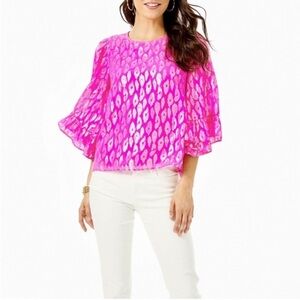 62 NWT Lilly Pulitzer FRANCIS FLOUNCE sleeve SILK Raz Leopard Metallic